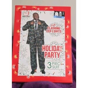 Holiday Party Men's Flashing LED Lights 3pc Christmas Suit Green Size LARGE